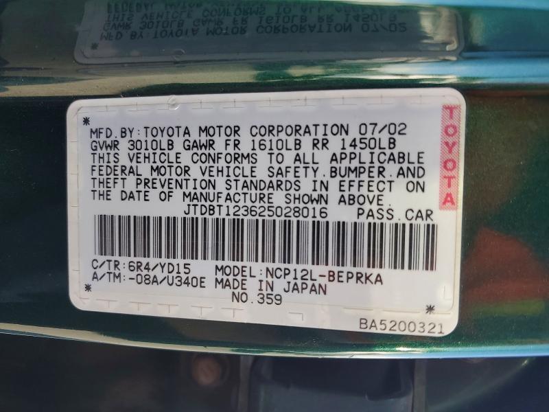 Auction sale of the 2002 Toyota Echo, vin: JTDBT123625028016, lot number: 79406535