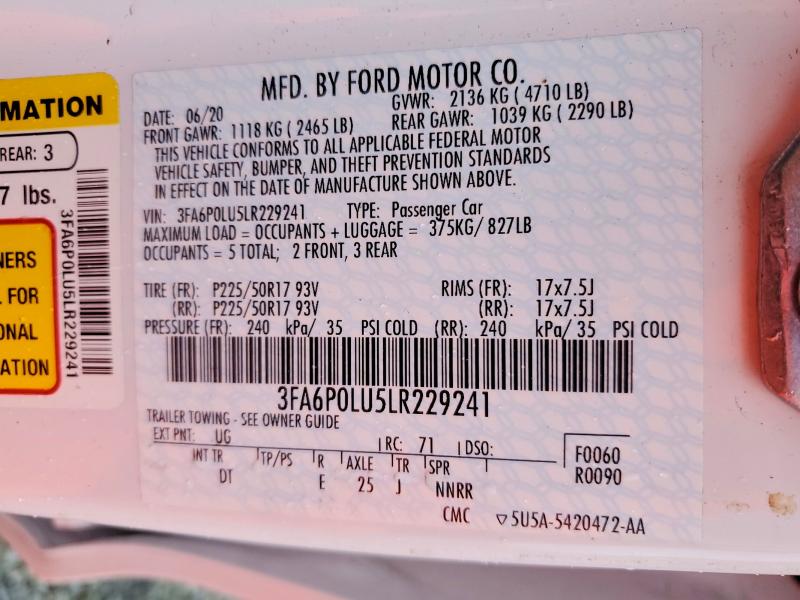 Aukcja sprzedaży 2020 Ford Fusion, vin: 3FA6P0LU5LR229241, numer aukcji: 77781485