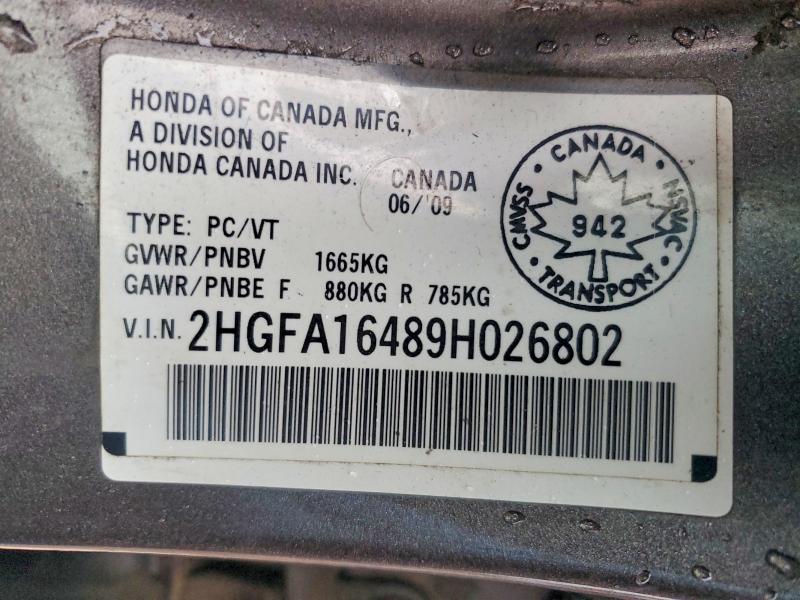 Aukcja sprzedaży 2009 Honda Civic, vin: 2HGFA16489H026802, numer aukcji: 78214845