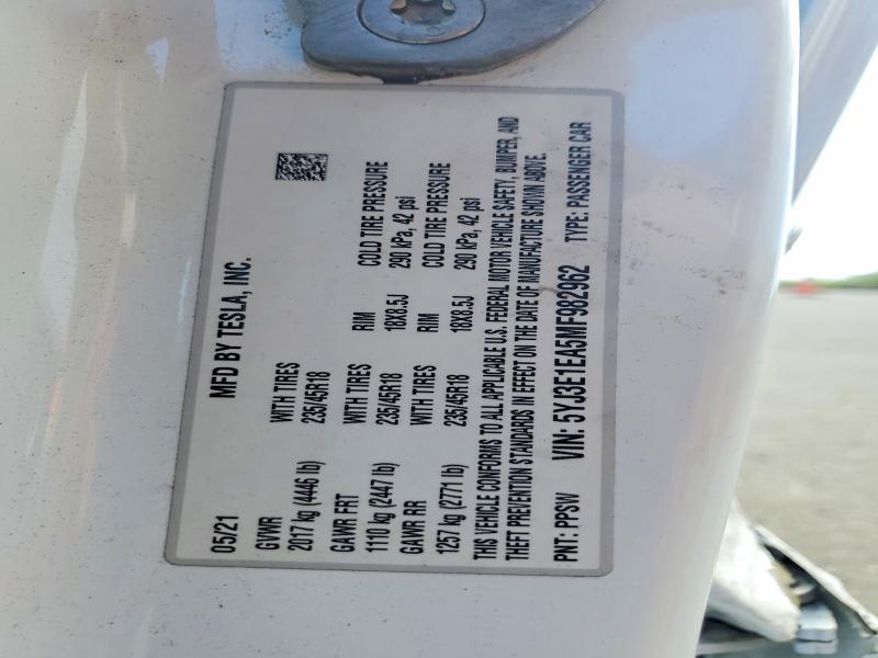 2021 Tesla Model 3 მანქანა იყიდება აუქციონზე, vin: 5YJ3E1EA5MF982962, აუქციონის ნომერი: 76832175