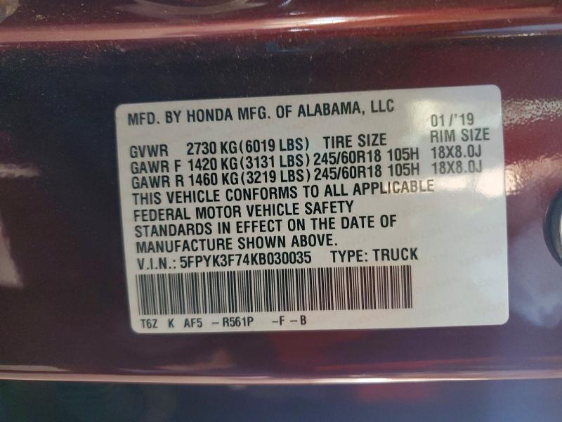 79010335 :رقم المزاد ، 5FPYK3F74KB030035 vin ، 2019 Honda Ridgeline مزاد بيع