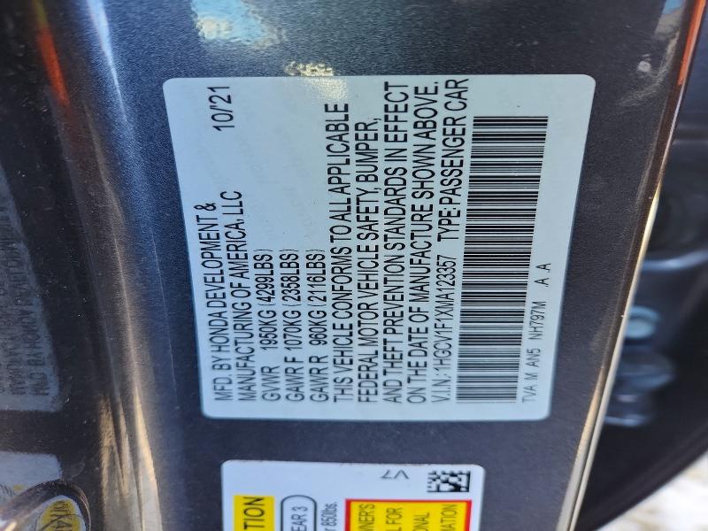 2021 Honda Accord მანქანა იყიდება აუქციონზე, vin: 1HGCV1F1XMA123357, აუქციონის ნომერი: 78420445