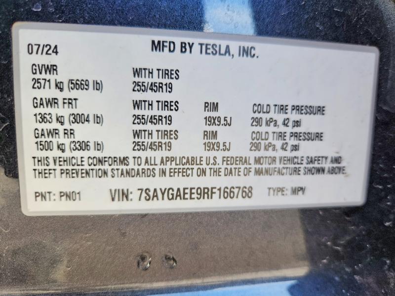 74929105 :رقم المزاد ، 7SAYGAEE9RF166768 vin ، 2024 Tesla Model Y مزاد بيع