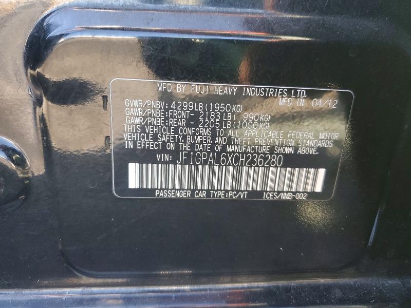 Продажа на аукционе авто 2012 Subaru Impreza, vin: JF1GPAL6XCH236280, номер лота: 77181355