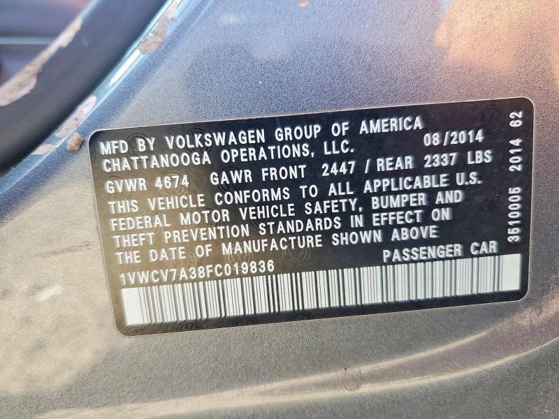 76427485 :رقم المزاد ، 1VWCV7A38FC019836 vin ، 2015 Volkswagen Passat مزاد بيع