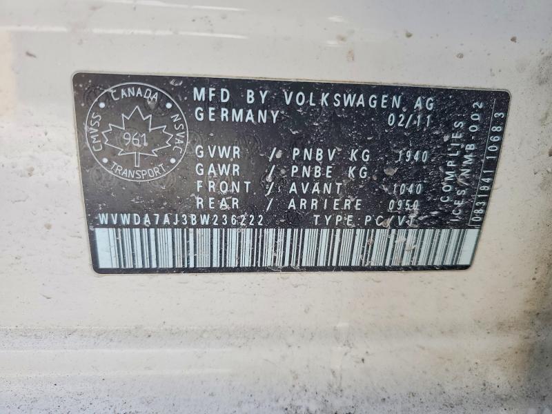 Aukcja sprzedaży 2011 Volkswagen Golf, vin: WVWDA7AJ3BW236222, numer aukcji: 78172095