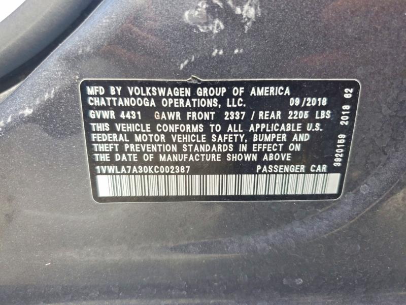 77592155 :رقم المزاد ، 1VWLA7A30KC002387 vin ، 2019 Volkswagen Passat مزاد بيع
