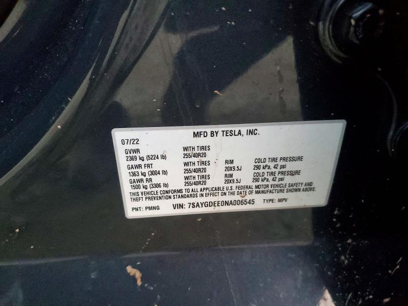 76422525 :رقم المزاد ، 7SAYGDEE0NA006545 vin ، 2022 Tesla Model Y مزاد بيع
