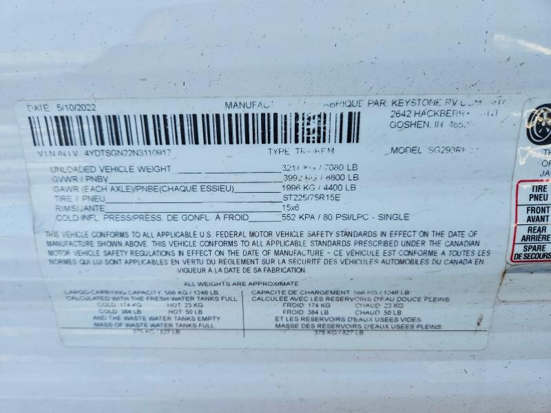 77107475 :رقم المزاد ، 4YDTSGN22N3110917 vin ، 2022 Keystone Rv Springdale مزاد بيع