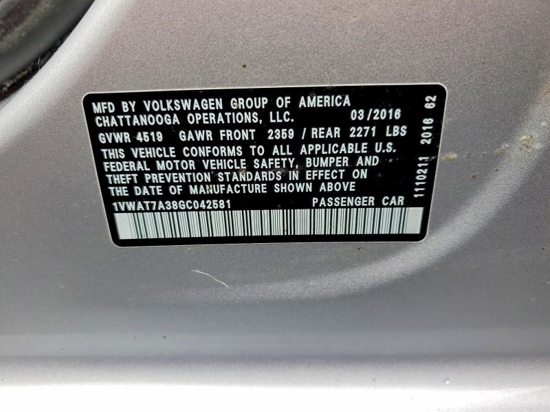 Aukcja sprzedaży 2016 Volkswagen Passat, vin: 1VWAT7A38GC042581, numer aukcji: 78911485