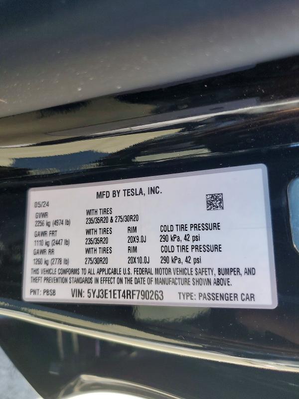 Aukcja sprzedaży 2024 Tesla Model 3, vin: 5YJ3E1ET4RF790263, numer aukcji: 79308495