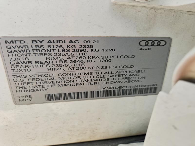 78692205 :رقم المزاد ، WA1DECF31N1024468 vin ، 2022 Audi Q3 مزاد بيع