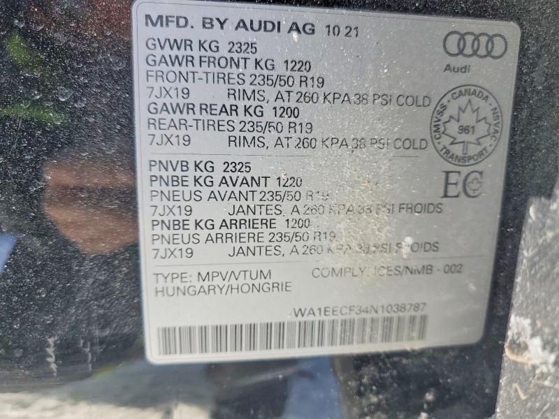 Aukcja sprzedaży 2022 Audi Q3, vin: WA1EECF34N1038787, numer aukcji: 78594495