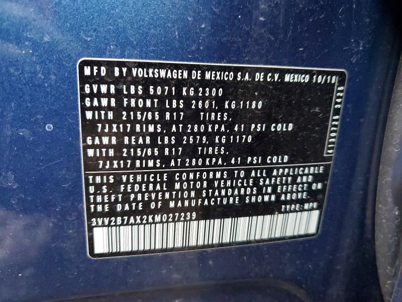 Aukcja sprzedaży 2019 Volkswagen Tiguan, vin: 3VV2B7AX2KM027239, numer aukcji: 77205745