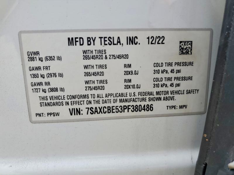 77755685 :رقم المزاد ، 7SAXCBE53PF380486 vin ، 2023 Tesla Model X مزاد بيع