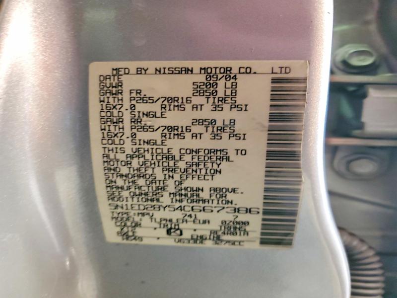 75550885 :رقم المزاد ، 5N1ED28Y54C667386 vin ، 2004 Nissan Xterra مزاد بيع