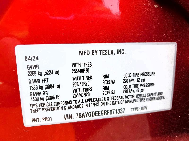 77483425 :رقم المزاد ، 7SAYGDEE9RF071337 vin ، 2024 Tesla Model Y مزاد بيع