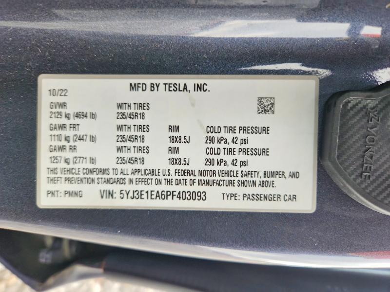 2023 Tesla Model 3 მანქანა იყიდება აუქციონზე, vin: 5YJ3E1EA6PF403093, აუქციონის ნომერი: 76692965