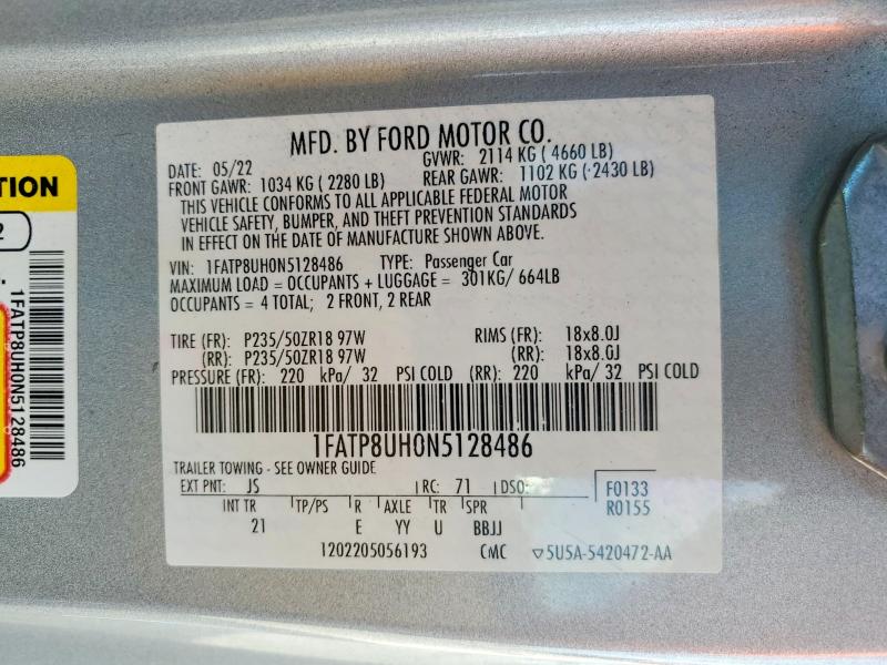 2022 Ford Mustang მანქანა იყიდება აუქციონზე, vin: 1FATP8UH0N5128486, აუქციონის ნომერი: 78686125
