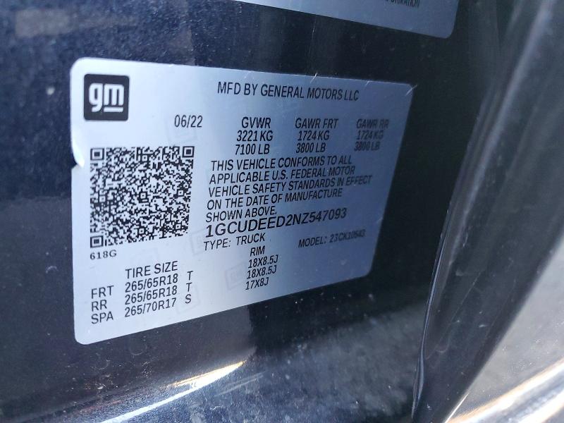 Aukcja sprzedaży 2022 Chevrolet Silverado, vin: 1GCUDEED2NZ547093, numer aukcji: 77138645