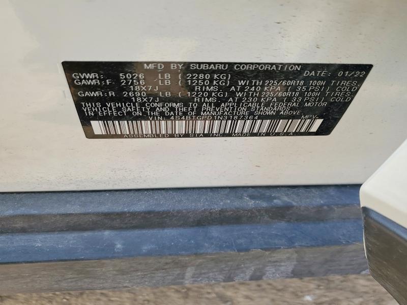 2022 Subaru Outback მანქანა იყიდება აუქციონზე, vin: 4S4BTGPD1N3187364, აუქციონის ნომერი: 78375695