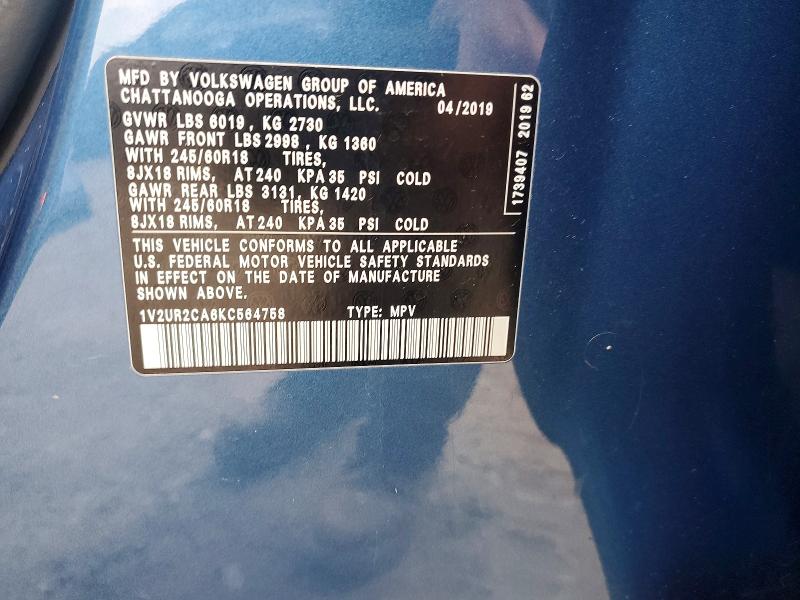 79057415 :رقم المزاد ، 1V2UR2CA6KC564758 vin ، 2019 Volkswagen Atlas مزاد بيع