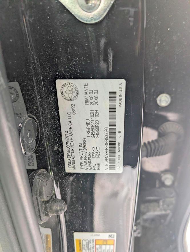 Aukcja sprzedaży 2022 Honda Pilot Spor, vin: 5FNYF6H34NB506698, numer aukcji: 73712165