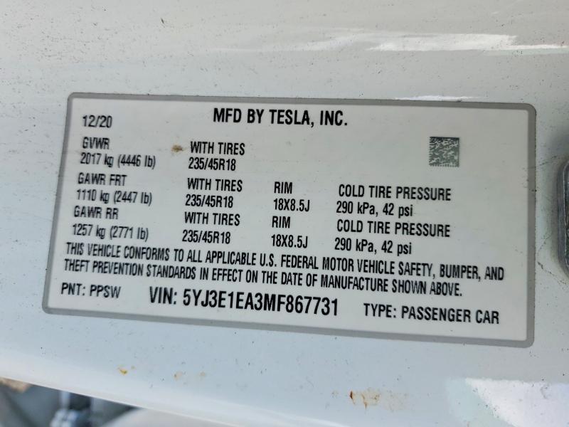 78023435 :رقم المزاد ، 5YJ3E1EA3MF867731 vin ، 2021 Tesla Model 3 مزاد بيع