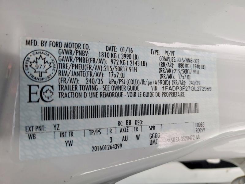 75620215 :رقم المزاد ، 1FADP3F27GL272969 vin ، 2016 Ford Focus مزاد بيع