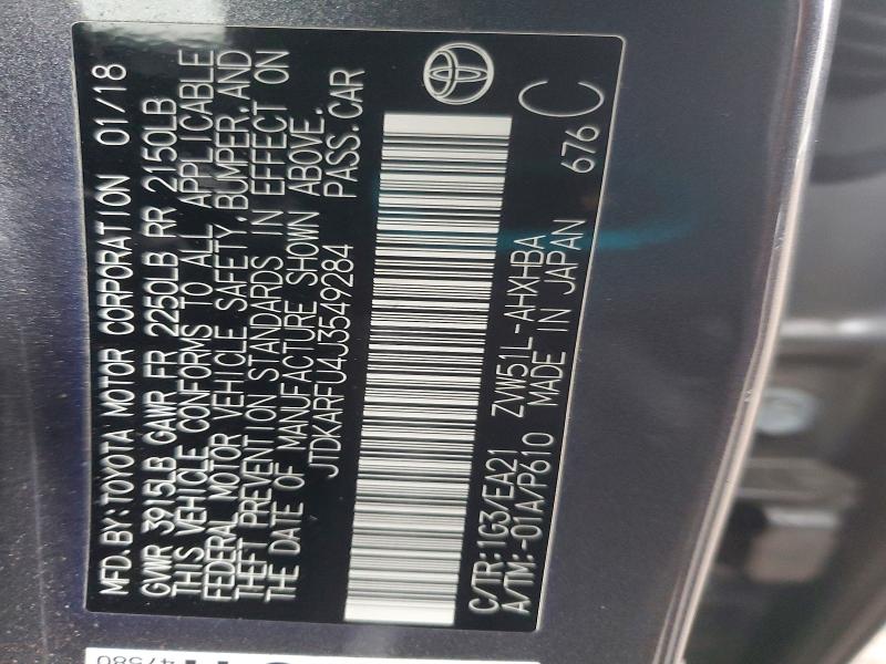 Aukcja sprzedaży 2018 Toyota Prius, vin: JTDKARFU4J3549284, numer aukcji: 77953715