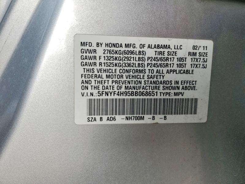 77830595 :رقم المزاد ، 5FNYF4H95BB068651 vin ، 2011 Honda Pilot مزاد بيع