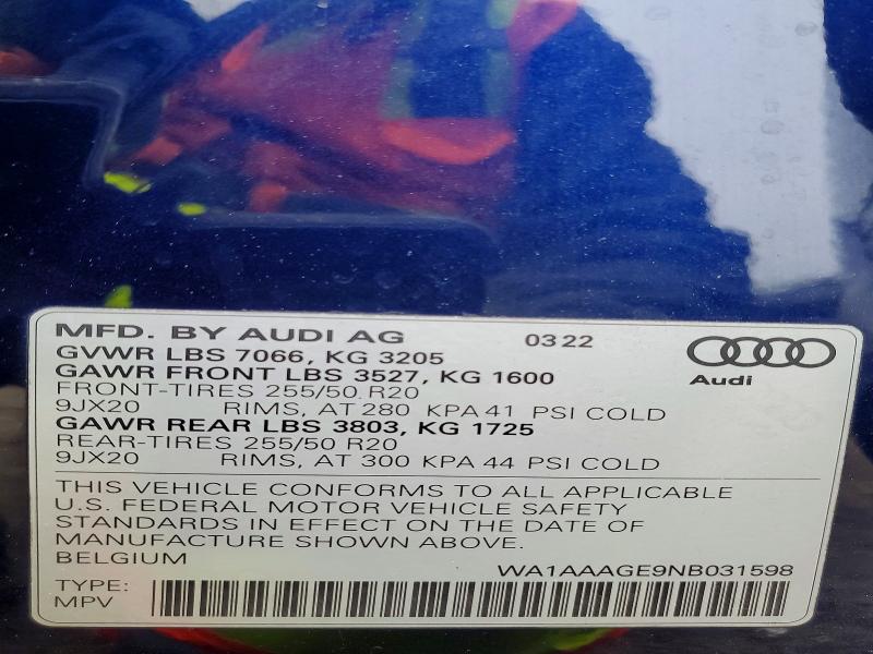 79067315 :رقم المزاد ، WA1AAAGE9NB031598 vin ، 2022 Audi E-tron مزاد بيع