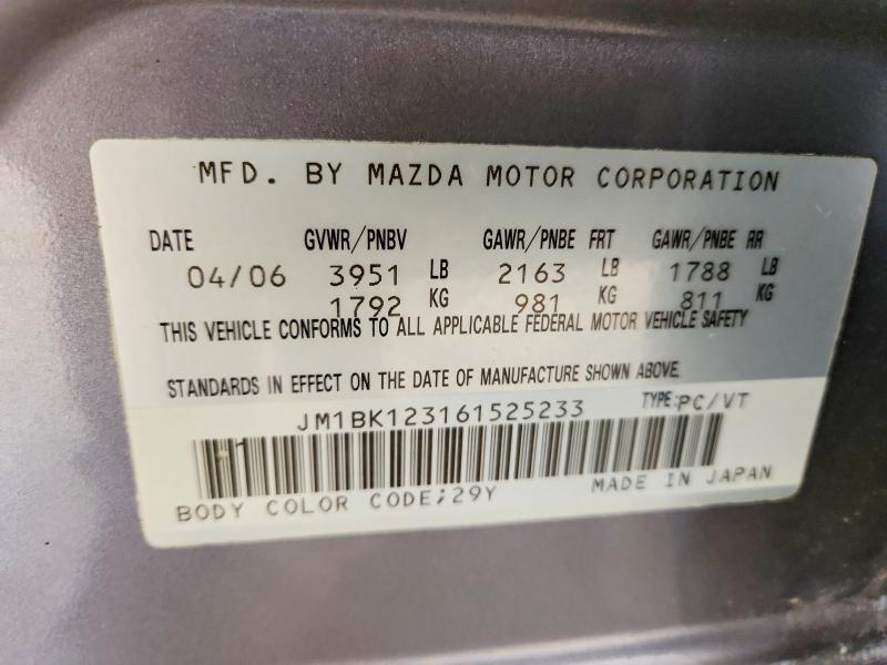 Продажа на аукционе авто 2006 Mazda 3, vin: JM1BK123161525233, номер лота: 75847355