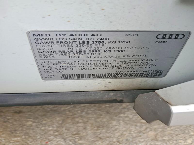 2021 Audi Q5 მანქანა იყიდება აუქციონზე, vin: WA1AAAFY2M2112937, აუქციონის ნომერი: 77188135