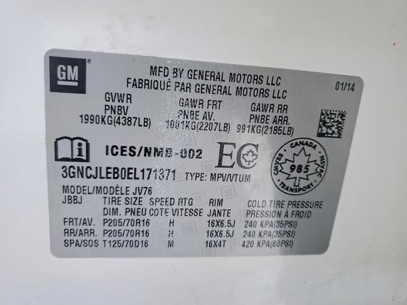 Aukcja sprzedaży 2014 Chevrolet Trax, vin: 3GNCJLEB0EL171371, numer aukcji: 76117625