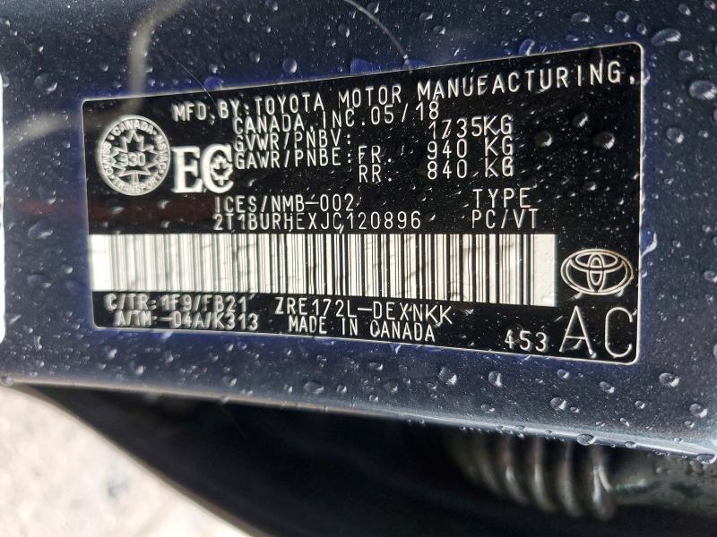 2018 Toyota Corolla მანქანა იყიდება აუქციონზე, vin: 2T1BURHEXJC120896, აუქციონის ნომერი: 75625885