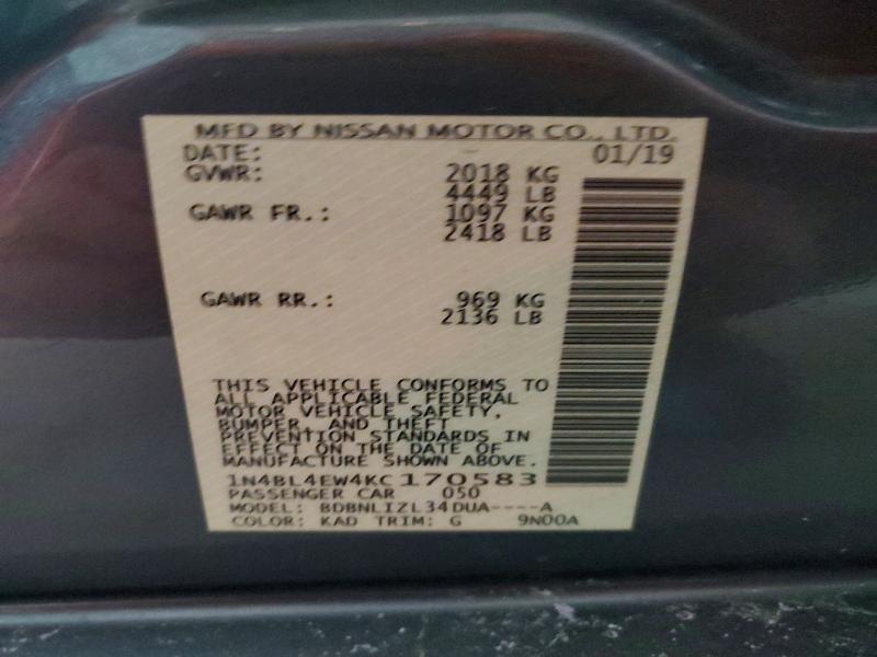 2019 Nissan Altima მანქანა იყიდება აუქციონზე, vin: 1N4BL4EW4KC170583, აუქციონის ნომერი: 76664795