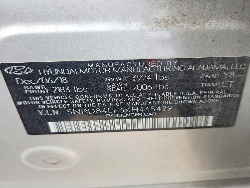 2019 Hyundai Elantra მანქანა იყიდება აუქციონზე, vin: 5NPD84LF6KH445429, აუქციონის ნომერი: 78482015
