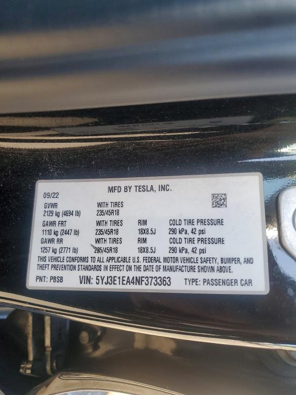 2022 Tesla Model 3 მანქანა იყიდება აუქციონზე, vin: 5YJ3E1EA4NF373363, აუქციონის ნომერი: 77094315