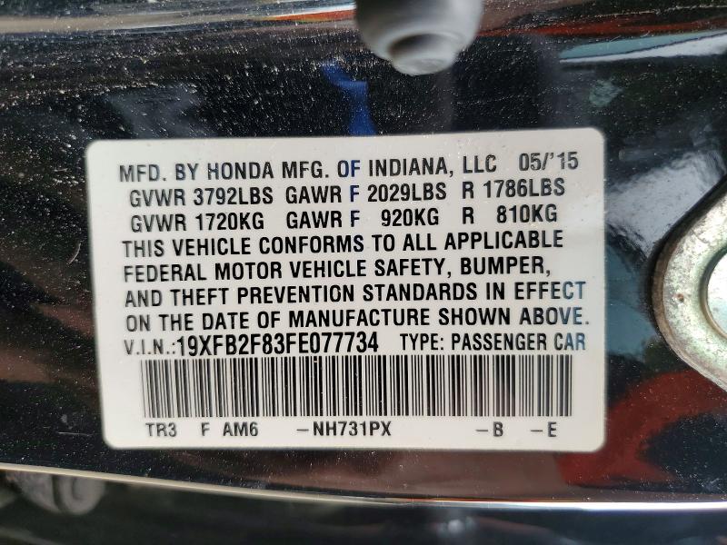 Продаж на аукціоні авто 2015 Honda Civic, vin: 19XFB2F83FE077734, номер лоту: 78147755