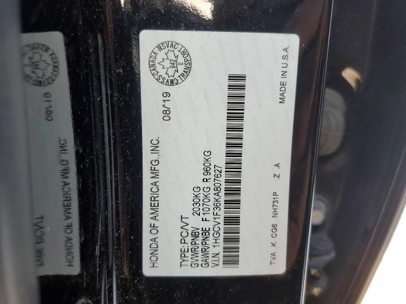 Aukcja sprzedaży 2019 Honda Accord, vin: 1HGCV1F36KA807627, numer aukcji: 78978865