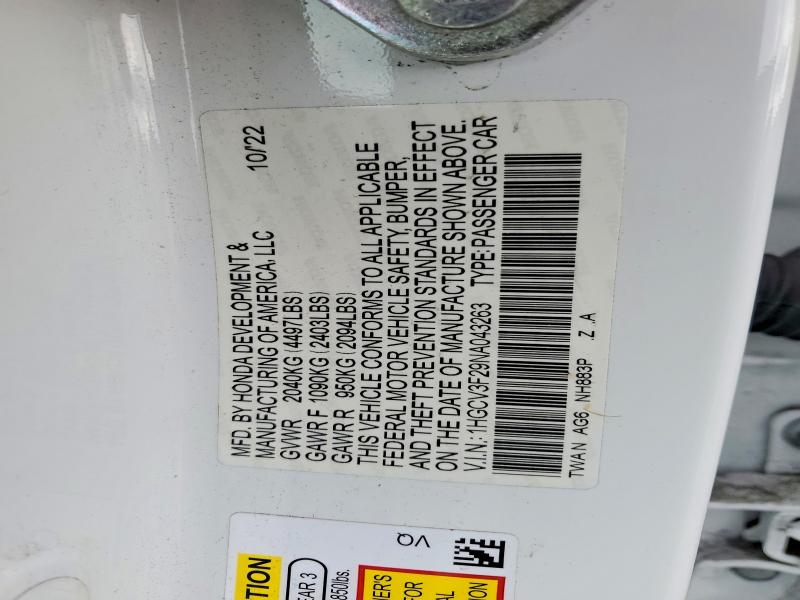 2022 Honda Accord მანქანა იყიდება აუქციონზე, vin: 1HGCV3F29NA043263, აუქციონის ნომერი: 78834435
