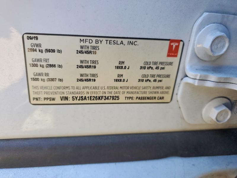 76388105 :رقم المزاد ، 5YJSA1E26KF347925 vin ، 2019 Tesla Model S مزاد بيع