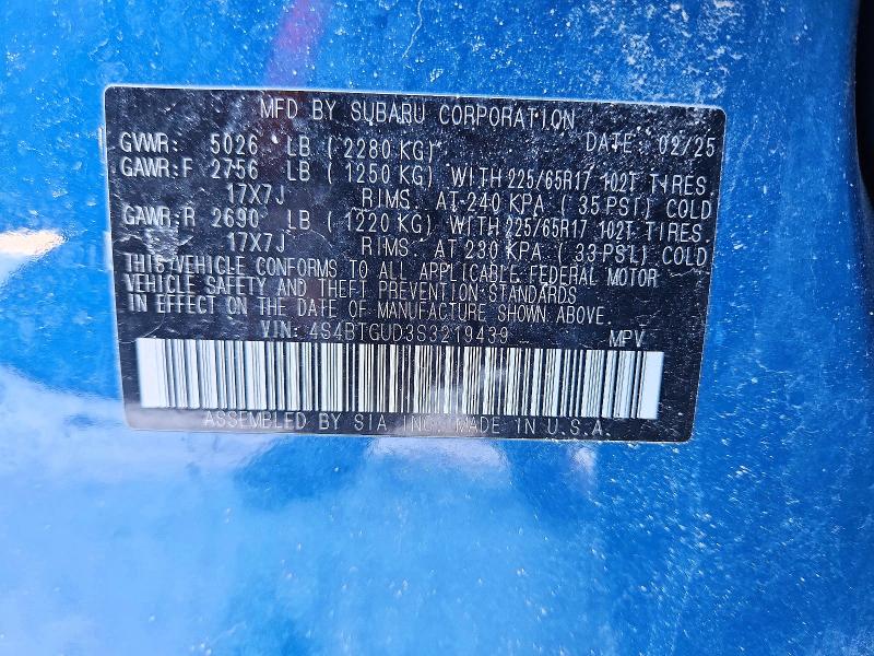 2025 Subaru Outback მანქანა იყიდება აუქციონზე, vin: 4S4BTGUD3S3219439, აუქციონის ნომერი: 76519305
