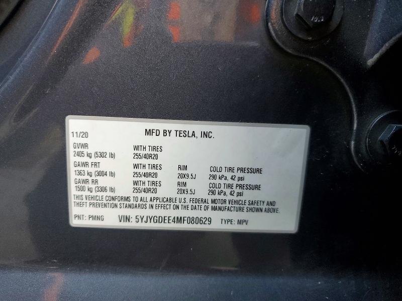 75862935 :رقم المزاد ، 5YJYGDEE4MF080629 vin ، 2021 Tesla Model Y مزاد بيع