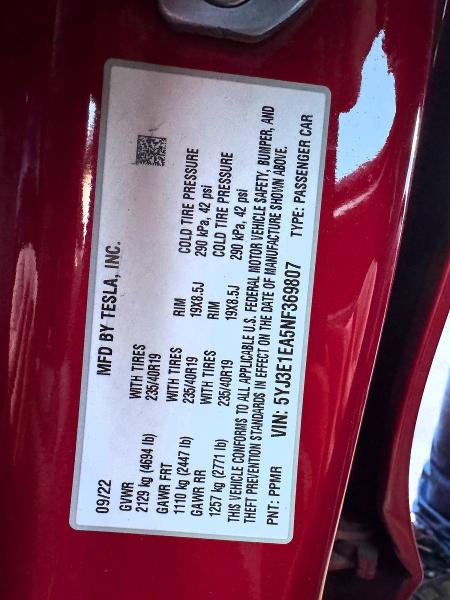 Продаж на аукціоні авто 2022 Tesla Model 3, vin: 5YJ3E1EA5NF369807, номер лоту: 76475425