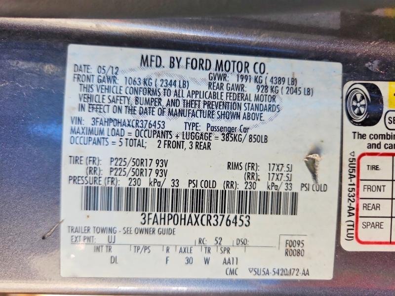 Продаж на аукціоні авто 2012 Ford Fusion, vin: 3FAHP0HAXCR376453, номер лоту: 77744815