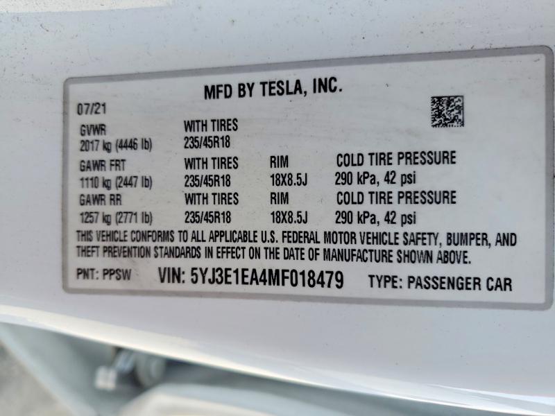 Продажа на аукционе авто 2021 Tesla Model 3, vin: 5YJ3E1EA4MF018479, номер лота: 75032105