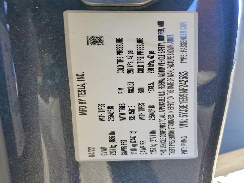 2022 Tesla Model 3 მანქანა იყიდება აუქციონზე, vin: 5YJ3E1EB9NF242583, აუქციონის ნომერი: 78732595