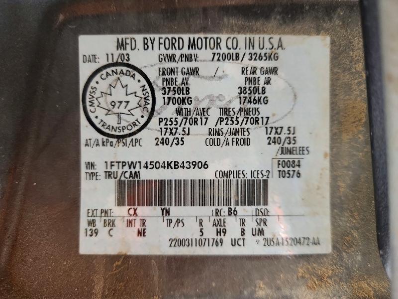 Aukcja sprzedaży 2004 Ford F150, vin: 1FTPW14504KB43906, numer aukcji: 75805115